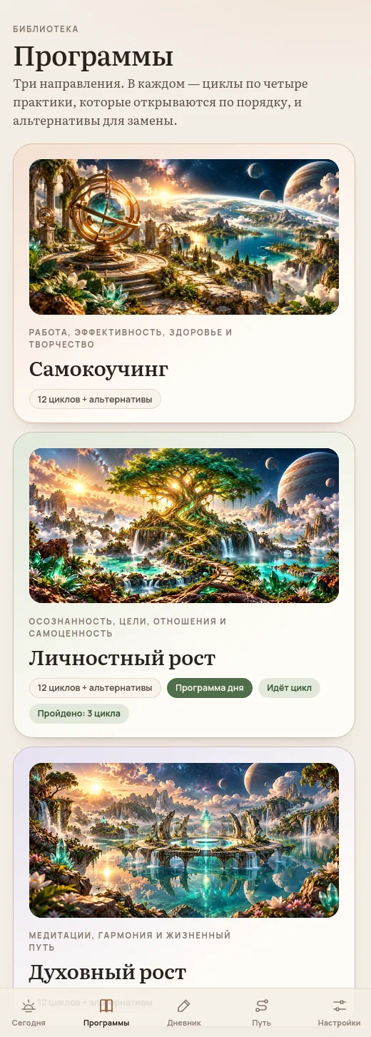 Экран «Программы»: три карточки — Самокоучинг, Личностный рост, Духовный рост — с иллюстрациями, отметками «12 циклов + альтернативы» и нижней панелью из пяти вкладок